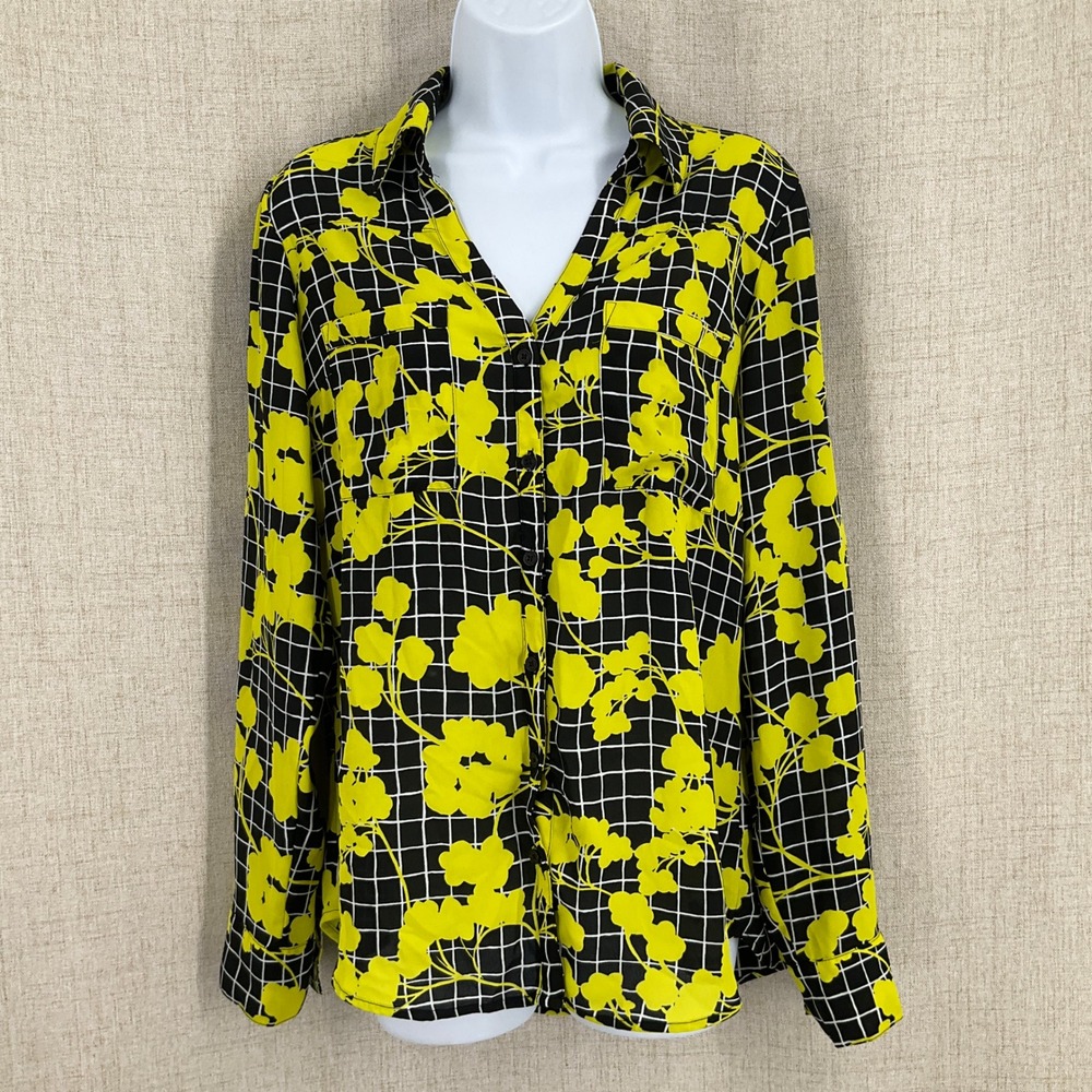 Express Portofino Shirt Women M Yellow Black Floral Grid Button Top Bold Office